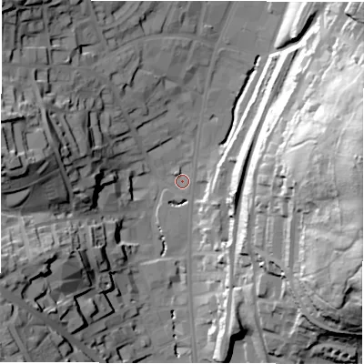 Shaded relief map of the ground around WF132EX, computed from Environment Agency LiDAR. The ground here sits at about 45 m above sea level and falls 69 m across the surrounding 800 m. Surface water reaching this point runs off ground lying to the west-north-west, 38.8 m higher.