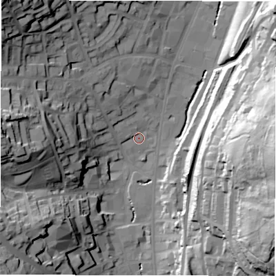 Shaded relief map of the ground around WF132EY, computed from Environment Agency LiDAR. The ground here sits at about 46 m above sea level and falls 65 m across the surrounding 800 m. Surface water reaching this point runs off ground lying to the north-west, 2.9 m higher.