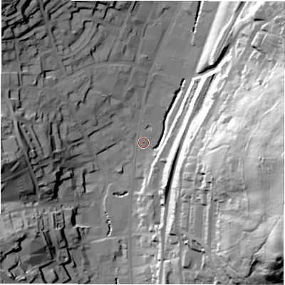 Shaded relief map of the ground around WF132HA, computed from Environment Agency LiDAR. The ground here sits at about 46 m above sea level and falls 76 m across the surrounding 800 m. Surface water reaching this point runs off ground lying to the north-west, 41.0 m higher.