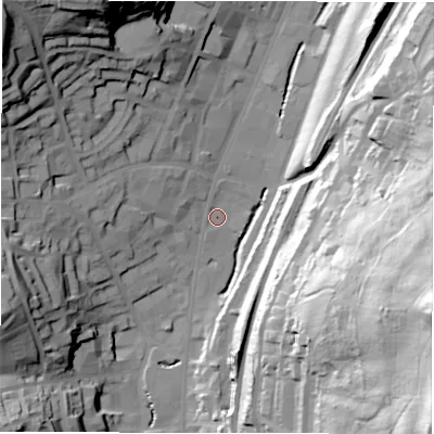 Shaded relief map of the ground around WF132HD, computed from Environment Agency LiDAR. The ground here sits at about 46 m above sea level and falls 86 m across the surrounding 800 m. Surface water reaching this point runs off ground lying to the east-south-east, 71.8 m higher.