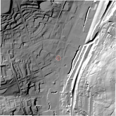 Shaded relief map of the ground around WF132HE, computed from Environment Agency LiDAR. The ground here sits at about 47 m above sea level and falls 70 m across the surrounding 800 m. Surface water reaching this point runs off ground lying to the west-north-west, 10.6 m higher.