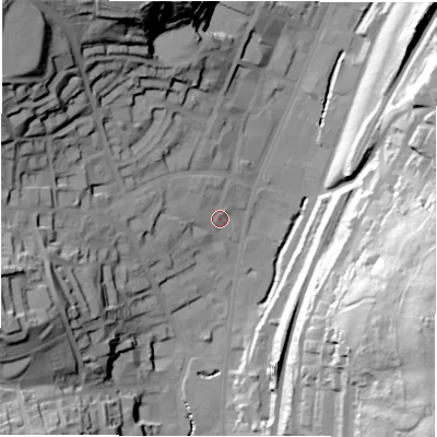 Shaded relief map of the ground around WF132HF, computed from Environment Agency LiDAR. The ground here sits at about 49 m above sea level and falls 69 m across the surrounding 800 m. Surface water reaching this point runs off ground lying to the west, 10.4 m higher.