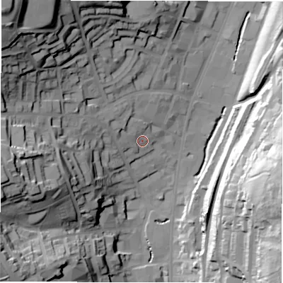 Shaded relief map of the ground around WF132HN, computed from Environment Agency LiDAR. The ground here sits at about 50 m above sea level and falls 64 m across the surrounding 800 m. Surface water reaching this point runs off ground lying to the west, 37.8 m higher.