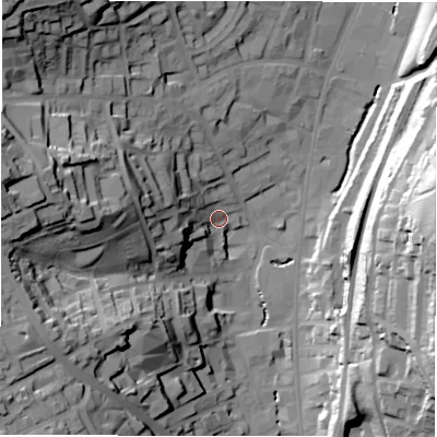 Shaded relief map of the ground around WF132HP, computed from Environment Agency LiDAR. The ground here sits at about 47 m above sea level and falls 56 m across the surrounding 800 m. Surface water reaching this point runs off ground lying to the west, 26.1 m higher.