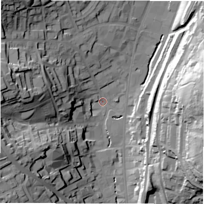 Shaded relief map of the ground around WF132HR, computed from Environment Agency LiDAR. The ground here sits at about 44 m above sea level and falls 59 m across the surrounding 800 m. Surface water reaching this point runs off ground lying to the north-west, 45.3 m higher.
