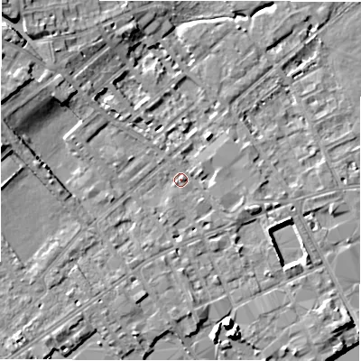 Shaded relief map of the ground around WF133AB, computed from Environment Agency LiDAR. The ground here sits at about 43 m above sea level and falls 12 m across the surrounding 800 m. Surface water reaching this point runs off ground lying to the west-north-west, 8.2 m higher.
