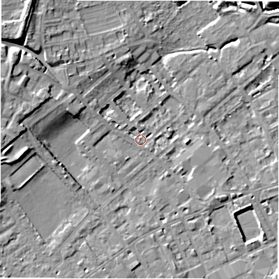 Shaded relief map of the ground around WF133AD, computed from Environment Agency LiDAR. The ground here sits at about 42 m above sea level and falls 13 m across the surrounding 800 m. Surface water reaching this point runs off ground lying to the north-west, 11.0 m higher.