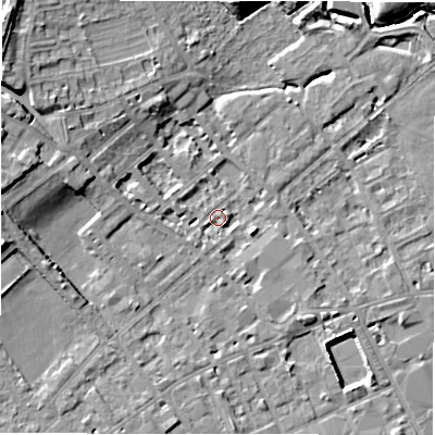Shaded relief map of the ground around WF133AE, computed from Environment Agency LiDAR. The ground here sits at about 42 m above sea level and falls 13 m across the surrounding 800 m. Surface water reaching this point runs off ground lying to the west, 8.7 m higher.