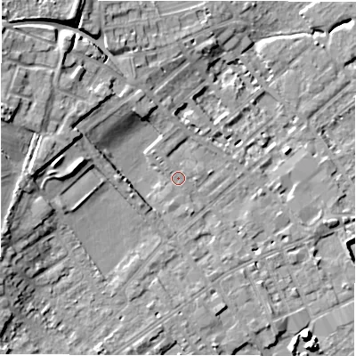 Shaded relief map of the ground around WF133AN, computed from Environment Agency LiDAR. The ground here sits at about 43 m above sea level and falls 14 m across the surrounding 800 m. Surface water reaching this point runs off ground lying to the west-north-west, 11.7 m higher.