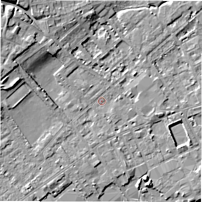 Shaded relief map of the ground around WF133AP, computed from Environment Agency LiDAR. The ground here sits at about 42 m above sea level and falls 13 m across the surrounding 800 m. Surface water reaching this point runs off ground lying to the north-west, 9.5 m higher.