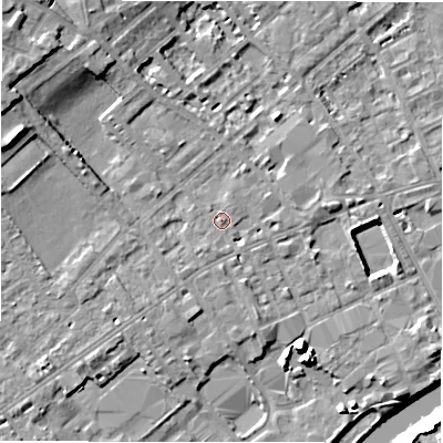 Shaded relief map of the ground around WF133AR, computed from Environment Agency LiDAR. The ground here sits at about 42 m above sea level and falls 13 m across the surrounding 800 m. Surface water reaching this point runs off ground lying to the south-south-west, 1.5 m higher.