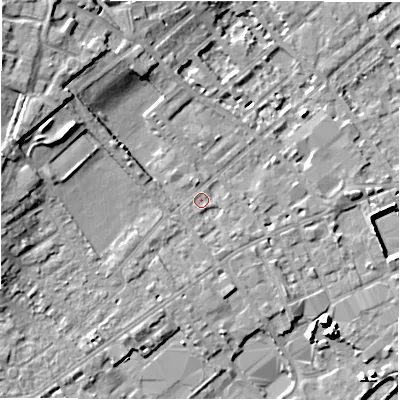 Shaded relief map of the ground around WF133AS, computed from Environment Agency LiDAR. The ground here sits at about 42 m above sea level and falls 14 m across the surrounding 800 m. Surface water reaching this point runs off ground lying to the west-north-west, 9.1 m higher.