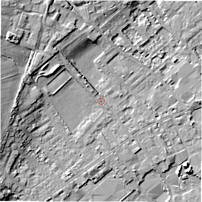Shaded relief map of the ground around WF133AT, computed from Environment Agency LiDAR. The ground here sits at about 43 m above sea level and falls 15 m across the surrounding 800 m. Surface water reaching this point runs off ground lying to the north-west, 12.0 m higher.
