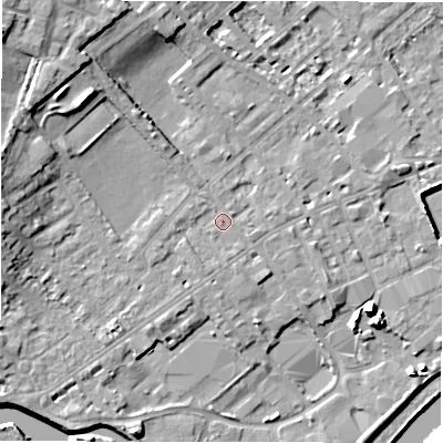 Shaded relief map of the ground around WF133AU, computed from Environment Agency LiDAR. The ground here sits at about 43 m above sea level and falls 15 m across the surrounding 800 m. Surface water reaching this point runs off ground lying to the south-west, 1.0 m higher.