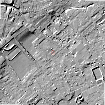 Shaded relief map of the ground around WF133AW, computed from Environment Agency LiDAR. The ground here sits at about 42 m above sea level and falls 13 m across the surrounding 800 m. Surface water reaching this point runs off ground lying to the north-north-west, 1.0 m higher.