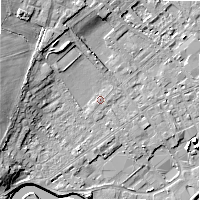 Shaded relief map of the ground around WF133AX, computed from Environment Agency LiDAR. The ground here sits at about 43 m above sea level and falls 16 m across the surrounding 800 m. Surface water reaching this point runs off ground lying to the south-west, 1.0 m higher.
