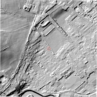 Shaded relief map of the ground around WF133AY, computed from Environment Agency LiDAR. The ground here sits at about 43 m above sea level and falls 21 m across the surrounding 800 m. Surface water reaching this point runs off ground lying to the west-north-west, 7.3 m higher.