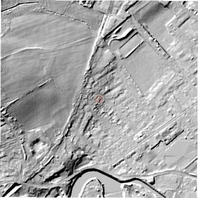 Shaded relief map of the ground around WF133BA, computed from Environment Agency LiDAR. The ground here sits at about 45 m above sea level and falls 30 m across the surrounding 800 m. Surface water reaching this point runs off ground lying to the west-north-west, 10.4 m higher.