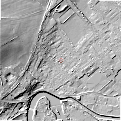 Shaded relief map of the ground around WF133BB, computed from Environment Agency LiDAR. The ground here sits at about 43 m above sea level and falls 25 m across the surrounding 800 m. Surface water reaching this point runs off ground lying to the west-north-west, 20.4 m higher.
