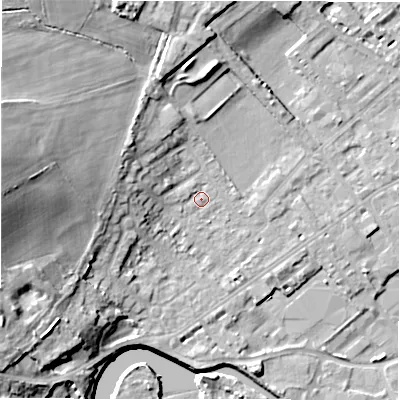 Shaded relief map of the ground around WF133BD, computed from Environment Agency LiDAR. The ground here sits at about 43 m above sea level and falls 24 m across the surrounding 800 m. Surface water reaching this point runs off ground lying to the west-north-west, 13.1 m higher.