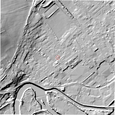 Shaded relief map of the ground around WF133BE, computed from Environment Agency LiDAR. The ground here sits at about 43 m above sea level and falls 19 m across the surrounding 800 m. Surface water reaching this point runs off ground lying to the south, 1.7 m higher.