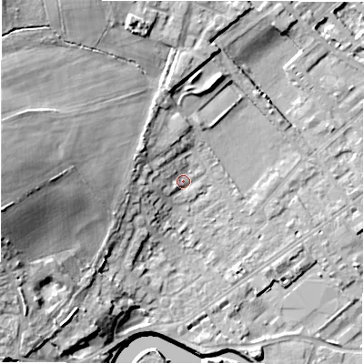 Shaded relief map of the ground around WF133BG, computed from Environment Agency LiDAR. The ground here sits at about 43 m above sea level and falls 27 m across the surrounding 800 m. Surface water reaching this point runs off ground lying to the west, 12.7 m higher.