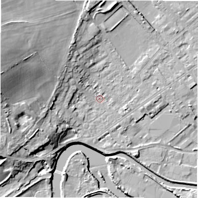 Shaded relief map of the ground around WF133BH, computed from Environment Agency LiDAR. The ground here sits at about 43 m above sea level and falls 26 m across the surrounding 800 m. Surface water reaching this point runs off ground lying to the west-north-west, 21.7 m higher.