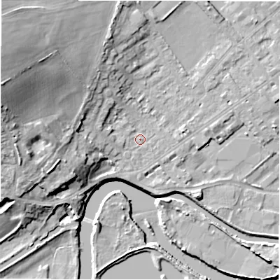 Shaded relief map of the ground around WF133BJ, computed from Environment Agency LiDAR. The ground here sits at about 43 m above sea level and falls 27 m across the surrounding 800 m. Surface water reaching this point runs off ground lying to the west-north-west, 22.3 m higher.