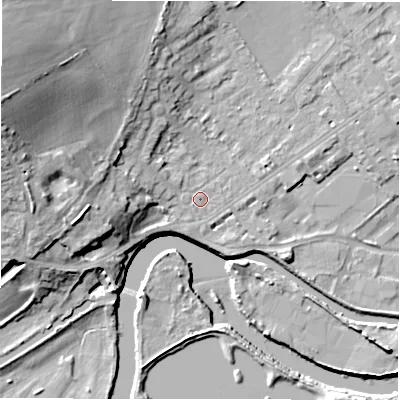 Shaded relief map of the ground around WF133BL, computed from Environment Agency LiDAR. The ground here sits at about 43 m above sea level and falls 28 m across the surrounding 800 m. Surface water reaching this point runs off ground lying to the north-west, 22.5 m higher.