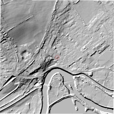 Shaded relief map of the ground around WF133BN, computed from Environment Agency LiDAR. The ground here sits at about 44 m above sea level and falls 32 m across the surrounding 800 m. Surface water reaching this point runs off ground lying to the north-west, 26.4 m higher.