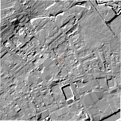Shaded relief map of the ground around WF133BT, computed from Environment Agency LiDAR. The ground here sits at about 42 m above sea level and falls 10 m across the surrounding 800 m. Surface water reaching this point runs off ground lying to the west-north-west, 3.5 m higher.