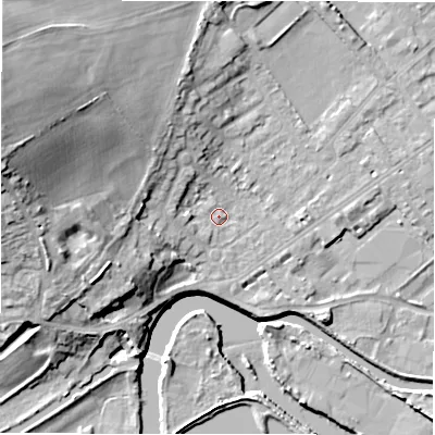 Shaded relief map of the ground around WF133BW, computed from Environment Agency LiDAR. The ground here sits at about 43 m above sea level and falls 29 m across the surrounding 800 m. Surface water reaching this point runs off ground lying to the west, 2.7 m higher.