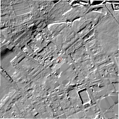 Shaded relief map of the ground around WF133BX, computed from Environment Agency LiDAR. The ground here sits at about 42 m above sea level and falls 9 m across the surrounding 800 m. Surface water reaching this point runs off ground lying to the west-north-west, 6.5 m higher.