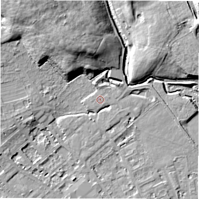 Shaded relief map of the ground around WF133BY, computed from Environment Agency LiDAR. The ground here sits at about 42 m above sea level and falls 21 m across the surrounding 800 m. The ground contributing surface water to this point lies to the east-north-east.