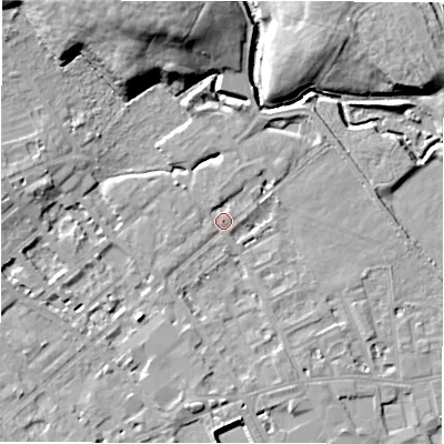 Shaded relief map of the ground around WF133DA, computed from Environment Agency LiDAR. The ground here sits at about 42 m above sea level and falls 18 m across the surrounding 800 m. Surface water reaching this point runs off ground lying to the north, 1.1 m higher.
