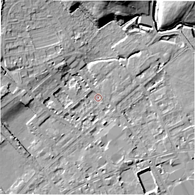 Shaded relief map of the ground around WF133DB, computed from Environment Agency LiDAR. The ground here sits at about 41 m above sea level and falls 14 m across the surrounding 800 m. Surface water reaching this point runs off ground lying to the north, 13.0 m higher.