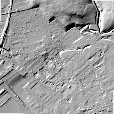 Shaded relief map of the ground around WF133DD, computed from Environment Agency LiDAR. The ground here sits at about 42 m above sea level and falls 18 m across the surrounding 800 m. Surface water reaching this point runs off ground lying to the north, 17.1 m higher.