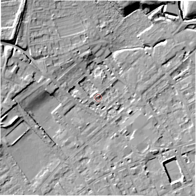 Shaded relief map of the ground around WF133DE, computed from Environment Agency LiDAR. The ground here sits at about 42 m above sea level and falls 13 m across the surrounding 800 m. Surface water reaching this point runs off ground lying to the north-west, 11.0 m higher.