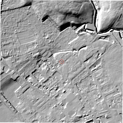 Shaded relief map of the ground around WF133DF, computed from Environment Agency LiDAR. The ground here sits at about 42 m above sea level and falls 18 m across the surrounding 800 m. Surface water reaching this point runs off ground lying to the north, 17.1 m higher.