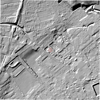 Shaded relief map of the ground around WF133DG, computed from Environment Agency LiDAR. The ground here sits at about 43 m above sea level and falls 13 m across the surrounding 800 m. Surface water reaching this point runs off ground lying to the west, 3.4 m higher.