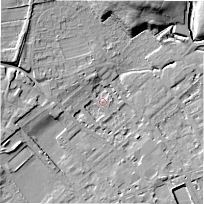 Shaded relief map of the ground around WF133DH, computed from Environment Agency LiDAR. The ground here sits at about 43 m above sea level and falls 17 m across the surrounding 800 m. Surface water reaching this point runs off ground lying to the west, 4.2 m higher.
