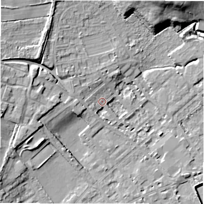Shaded relief map of the ground around WF133DQ, computed from Environment Agency LiDAR. The ground here sits at about 43 m above sea level and falls 16 m across the surrounding 800 m. Surface water reaching this point runs off ground lying to the south-west, 3.4 m higher.