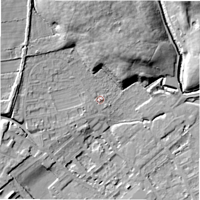 Shaded relief map of the ground around WF133DT, computed from Environment Agency LiDAR. The ground here sits at about 44 m above sea level and falls 21 m across the surrounding 800 m. Surface water reaching this point runs off ground lying to the west, 7.5 m higher.