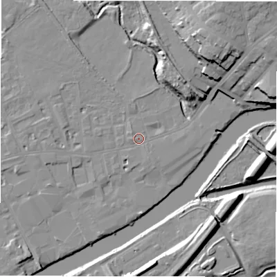 Shaded relief map of the ground around WF133EL, computed from Environment Agency LiDAR. The ground here sits at about 41 m above sea level and falls 21 m across the surrounding 800 m. Surface water reaching this point runs off ground lying to the west, 2.9 m higher.