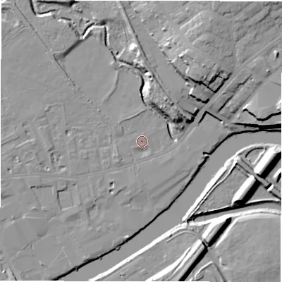 Shaded relief map of the ground around WF133EN, computed from Environment Agency LiDAR. The ground here sits at about 41 m above sea level and falls 22 m across the surrounding 800 m. Surface water reaching this point runs off ground lying to the south-south-east, 1.4 m higher.