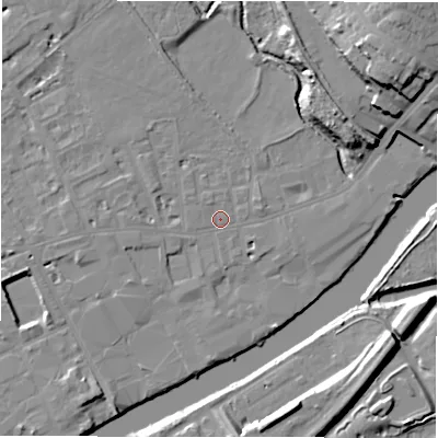 Shaded relief map of the ground around WF133EP, computed from Environment Agency LiDAR. The ground here sits at about 41 m above sea level and falls 21 m across the surrounding 800 m. Surface water reaching this point runs off ground lying to the west, 2.1 m higher.