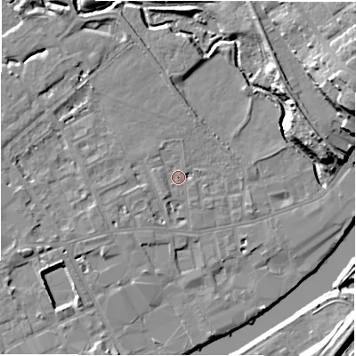 Shaded relief map of the ground around WF133ER, computed from Environment Agency LiDAR. The ground here sits at about 41 m above sea level and falls 21 m across the surrounding 800 m. Surface water reaching this point runs off ground lying to the south-south-west, 2.1 m higher.