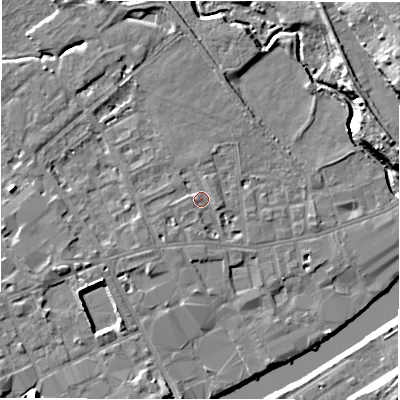 Shaded relief map of the ground around WF133ES, computed from Environment Agency LiDAR. The ground here sits at about 42 m above sea level and falls 17 m across the surrounding 800 m. Surface water reaching this point runs off ground lying to the west-north-west, 1.3 m higher.