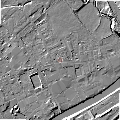 Shaded relief map of the ground around WF133ET, computed from Environment Agency LiDAR. The ground here sits at about 42 m above sea level and falls 13 m across the surrounding 800 m. Surface water reaching this point runs off ground lying to the north-north-west, 1.2 m higher.