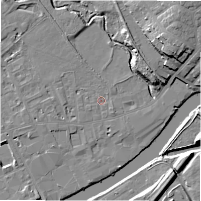 Shaded relief map of the ground around WF133EW, computed from Environment Agency LiDAR. The ground here sits at about 41 m above sea level and falls 22 m across the surrounding 800 m. Surface water reaching this point runs off ground lying to the south-east, 1.3 m higher.